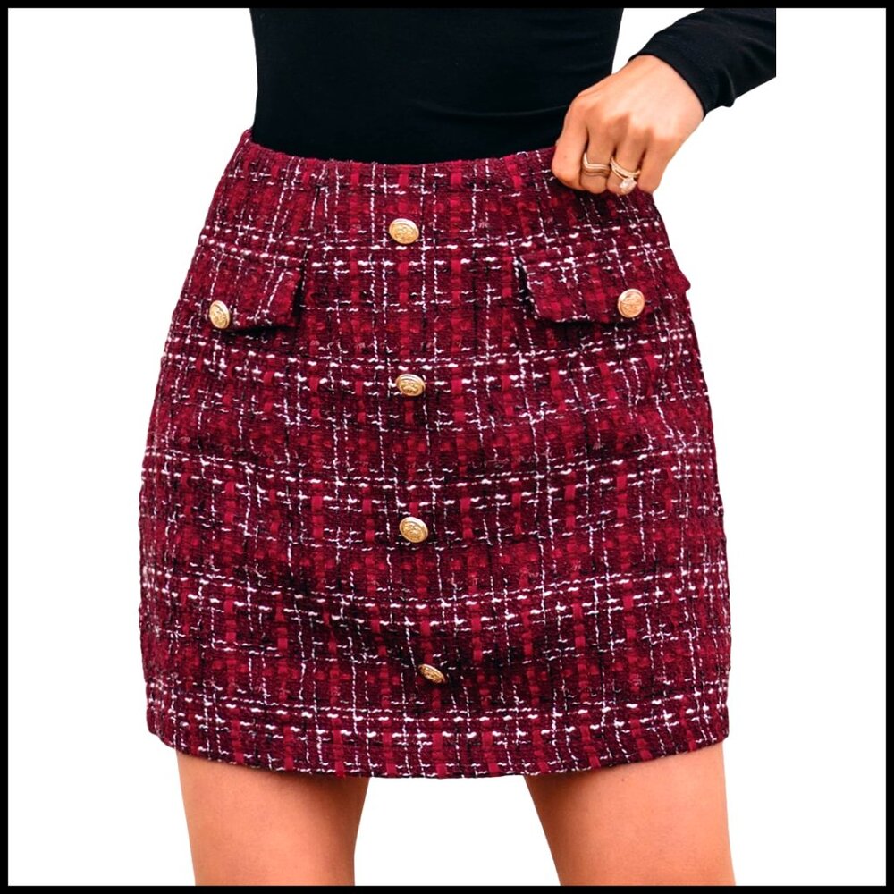High Waist Tweed Pencil Skirt, Polyester, Slim Fit, Mini Length, Size S
